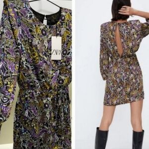 Zara Paisley Print Open Keyhole Back Long Sleeve Partially Lined Mini Dress, M